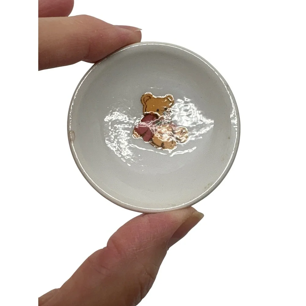 Vintage Miniature Teddy Bear Ceramic Trinket Dish White Round 2